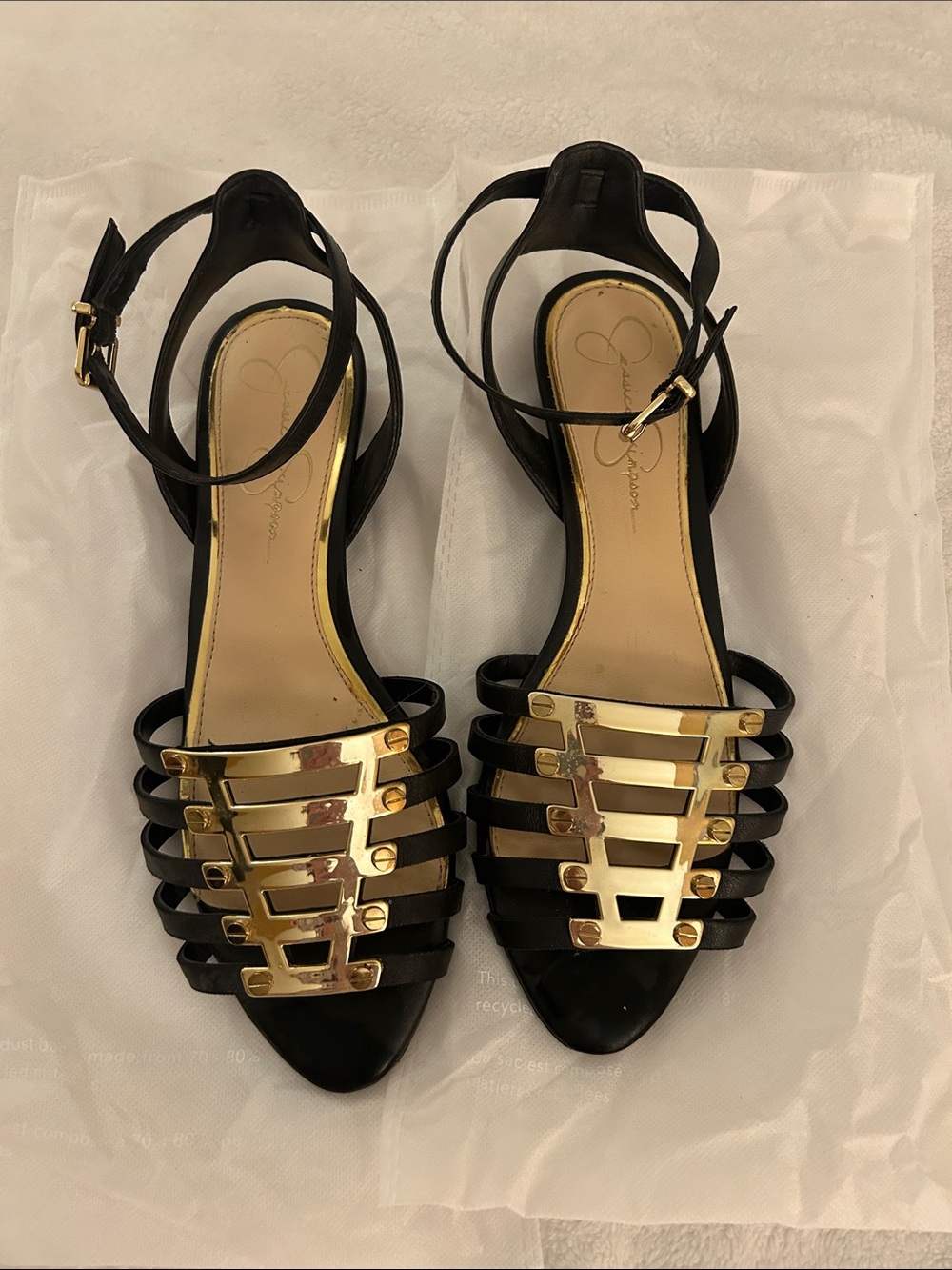 Jessica Simpson Black Heeled Sandals with Gold Plated Straps